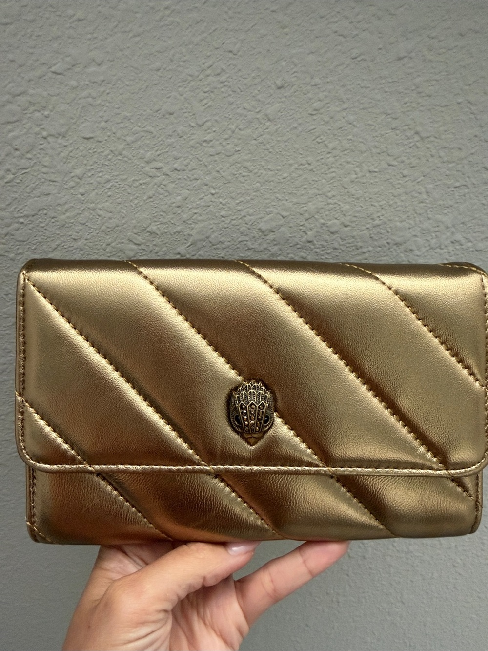 Kurt Geiger Metallic Gold Quilted Clutch with Signature Emblem